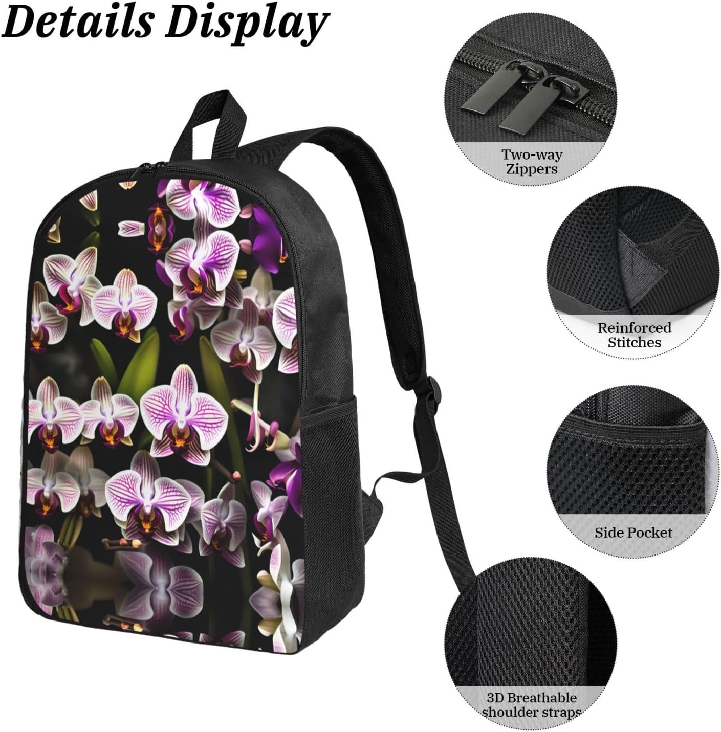 orchids print 3 Piece Backpack Bags with Lunch Box Pencil Case Set for Travel Work Camping Unisex