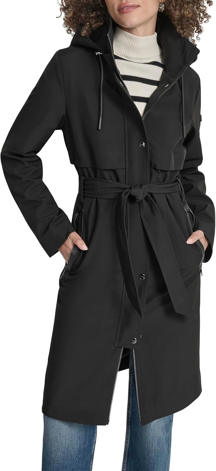 DKNY Women's Hooded Belted Trench Coat – Long Water-resistant Lightweight Jacket With Faux Leather Trimmmed Zipper Pockets - Image 8