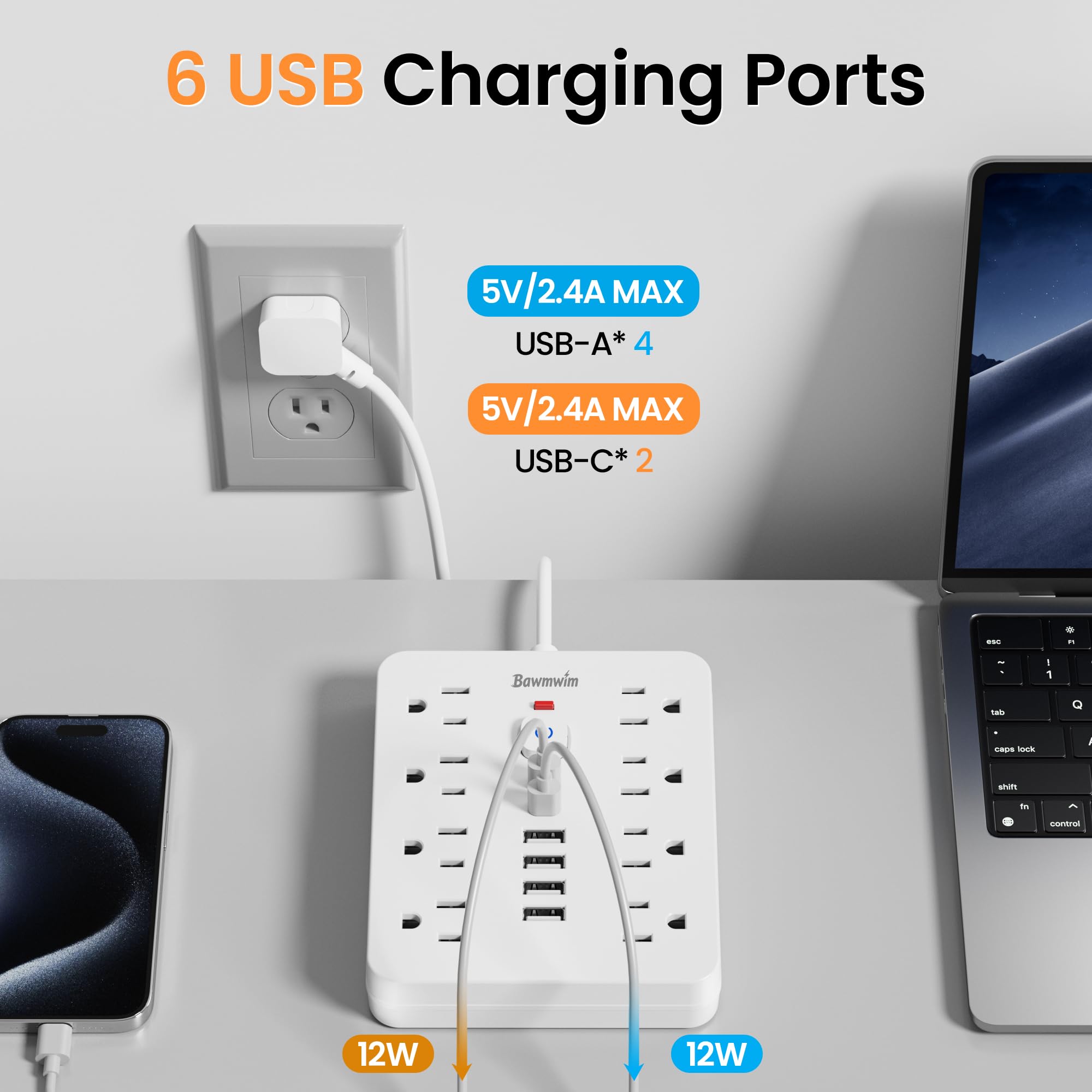 Steckdosenleiste mit Überspannungsschutz - 8 Ausgänge (1250W/10A) 4 USB A (2 USB C, 3.0 m Flachstecker Verlängerungskabel, Multi-Stecker-Extender für