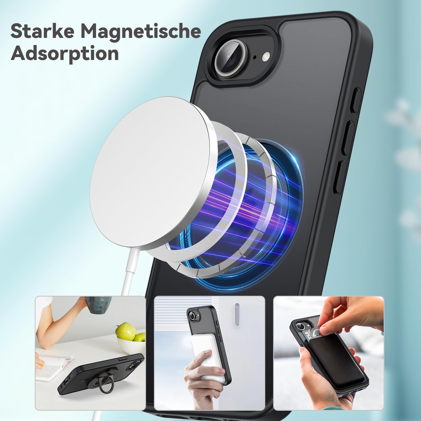 Natiiozie Magnetica Cover per iPhone 16E Compatibile con ricarica wireless Custodia Traslucida Opaca Posteriore, Antiurto Anti-impronta Resistente ai Graffi Protettiva Case Nero