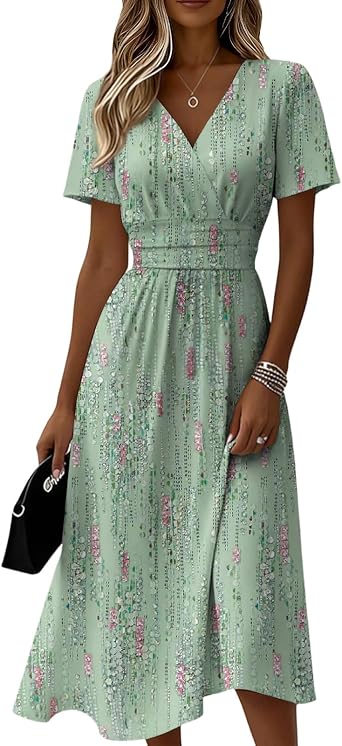 Kenvina Maxi Dress for Women Summer Trendy Casual Short Sleeve Dress Loose Printed V Neck Dress Beach Vacation Swing Dresses