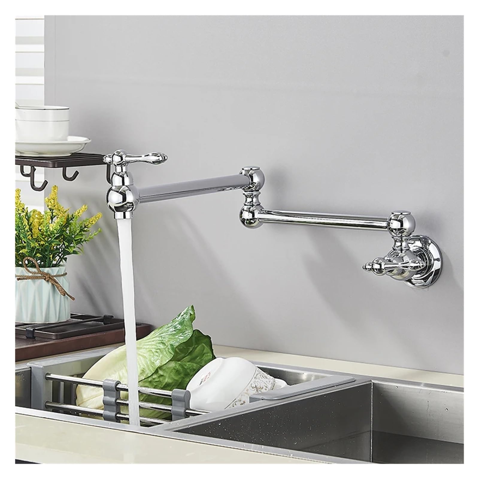 Robinet de cuisine mural en laiton chromé avec double bec verseur orientable et pliable