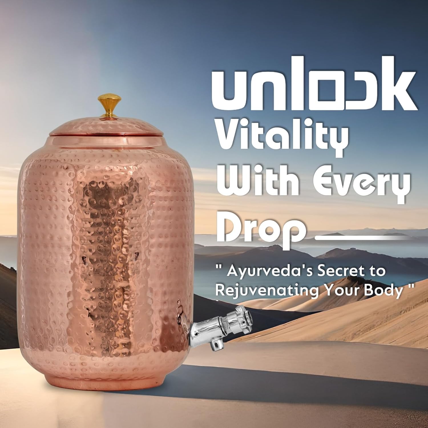 Copper Water Dispenser 8L / 2.11 Gallon and 2 Glass with Water Bottle Set, Hand Hammered, Ayurvedic Hydration Drinking