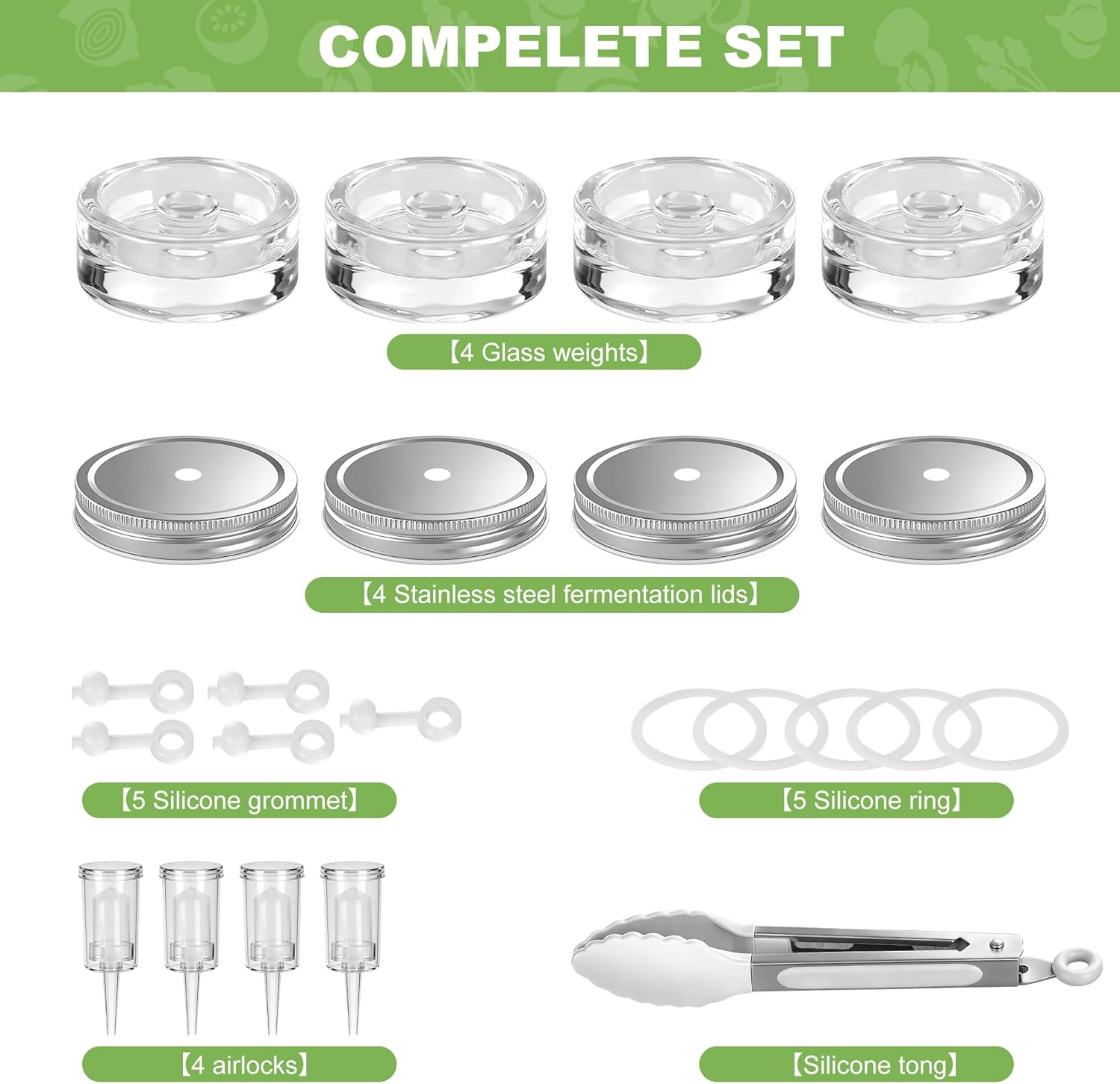 Fermentation Kit for Wide Mouth Mason Jars (86mm), 316 Stainless Steel Fermentation Lids, Glass Weights, Airlock System, Complete Home Fermenting Set (Jars Not Included)