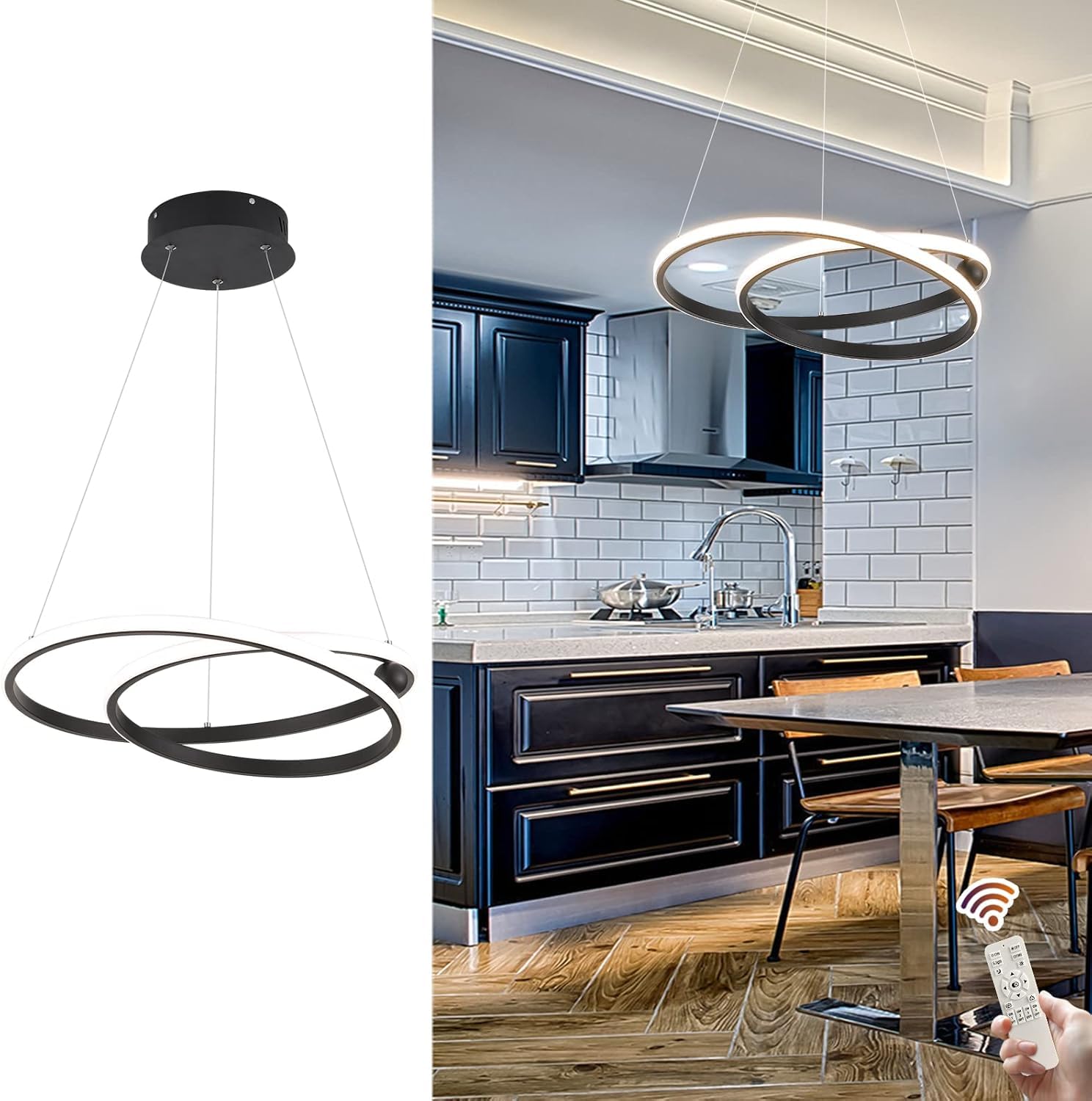Ganeed Modern LED Dimmable Chandelier, 36W Ceiling Pendant Light with Remote, Black Acrylic Hanging Lighting Fixture, 2 Ring Semi Flush Mount Lamp for Dining Room, Living Room, Kitchen Island, Bedroom