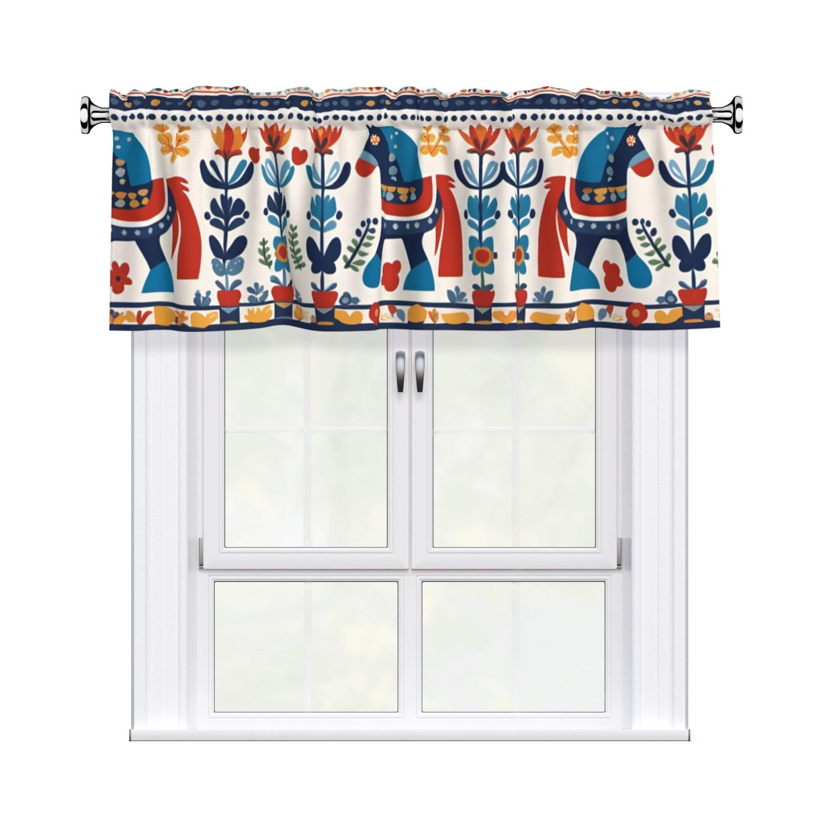 WHJSHOP Swedish Dala Horse Folk Prints Curtain Valance 54x18 Inch - Peach Skin Window Layer with Delicate Print, Filtered Light for Kitchen Use
