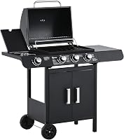 Outsunny Barbacoa de Gas BBQ con Ruedas Parrilla Gas con 3+1 Quemadores de 11,6 KW 2 Mesas Laterales y Termómetro Acero 110x50x100 cm Negro