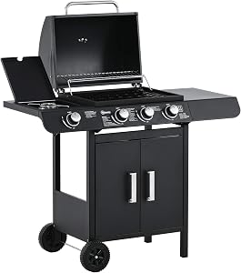 Outsunny Barbacoa de Gas BBQ con Ruedas Parrilla Gas con 3+1 Quemadores de 11,6 KW 2 Mesas Laterales y Termómetro Acero 110x50x100 cm Negro