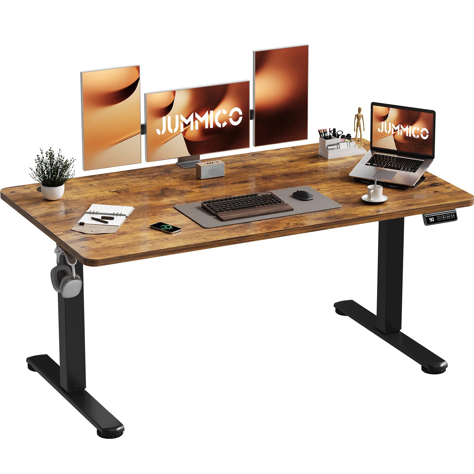 JUMMICO Electric Standing Desk 140 x 60 cm Home Office Height Adjustable Desk, Computer Lift Table with Smart Panel, Sit Stand Desk with Height Memory, Brown