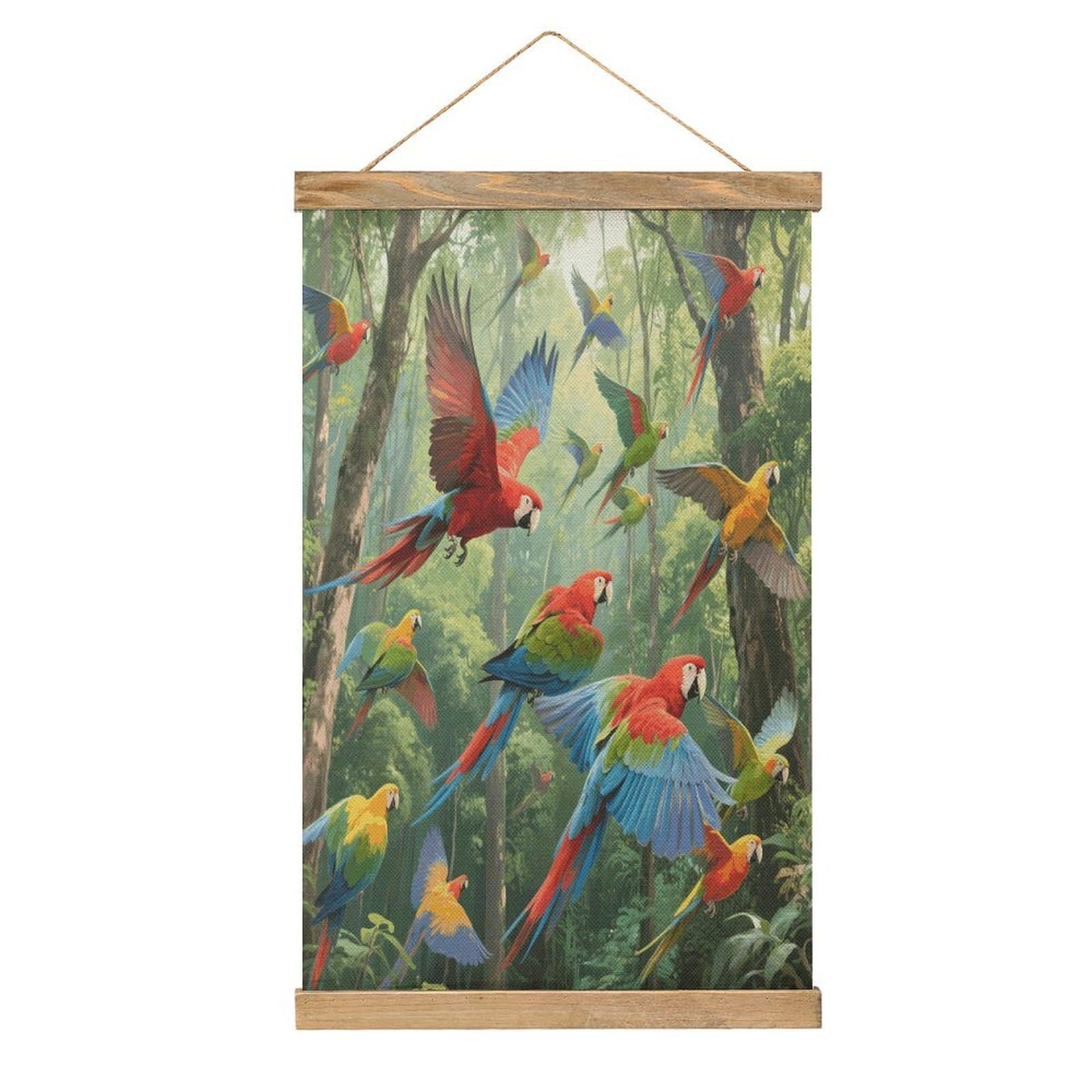 VstaDank Parrots Hanging Poster with Wooden Frame Modern Linen Hanging Painting Retro Style Wall Decor Art Painting for Living Room,Bedroom Decor Poster Frame 20.4x13.1inch
