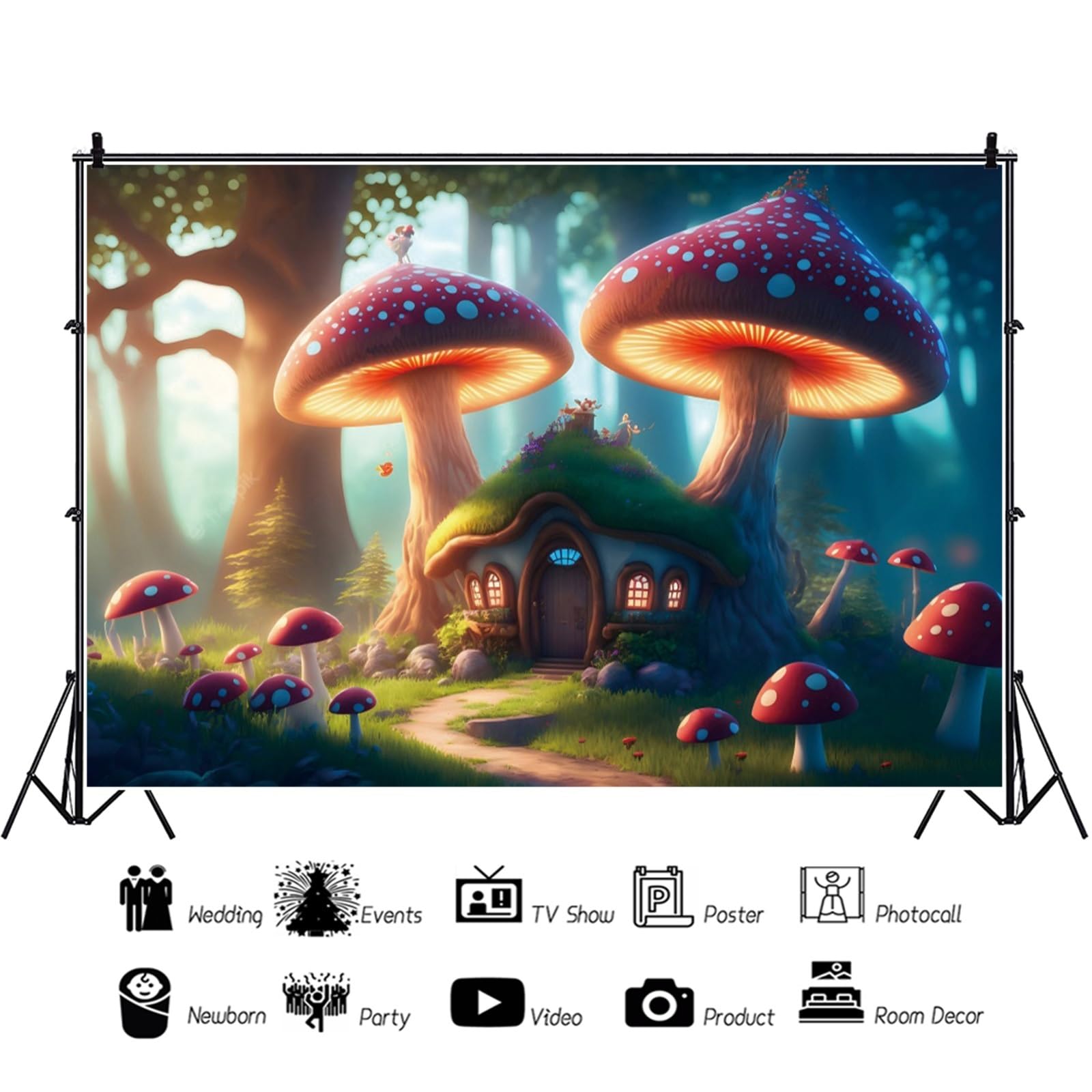 YongFoto 3x2,5m Foresta delle fiabe Sfondo Casa Incantata Bosco Fungo Prato Alberi Sunlight Paese delle meraviglie Sfondo di fotografia per i bambini Compleanno Baby Shower Puntelli per fotografico