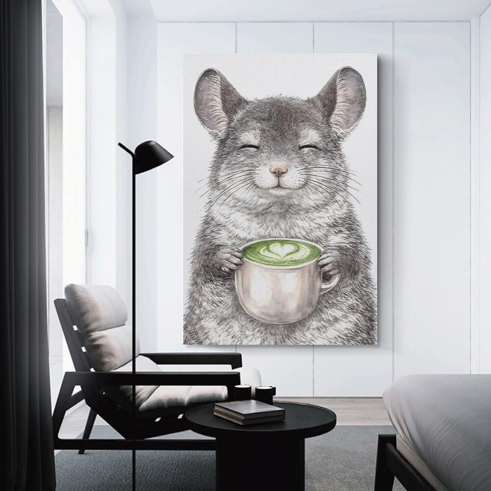 Junmoney Chinchilla Enjoying Matcha Latte Wall Art Print 24x36inch(60x90cm), for Gallery Wall Layouts in Home Or Office, An Easy Match for Collected Prints