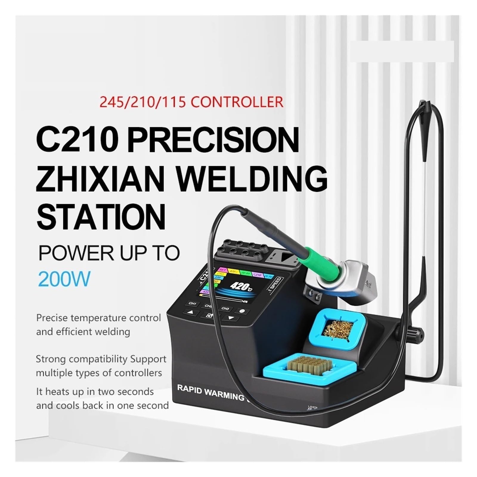 Stacja lutownicza, Inteligentna stacja lutownicza SMD 200 W, cyfrowy wyświetlacz IPS Zestaw precyzyjnych żelazek kompatybilny z C115 C210 C245(SMART-115-SET)