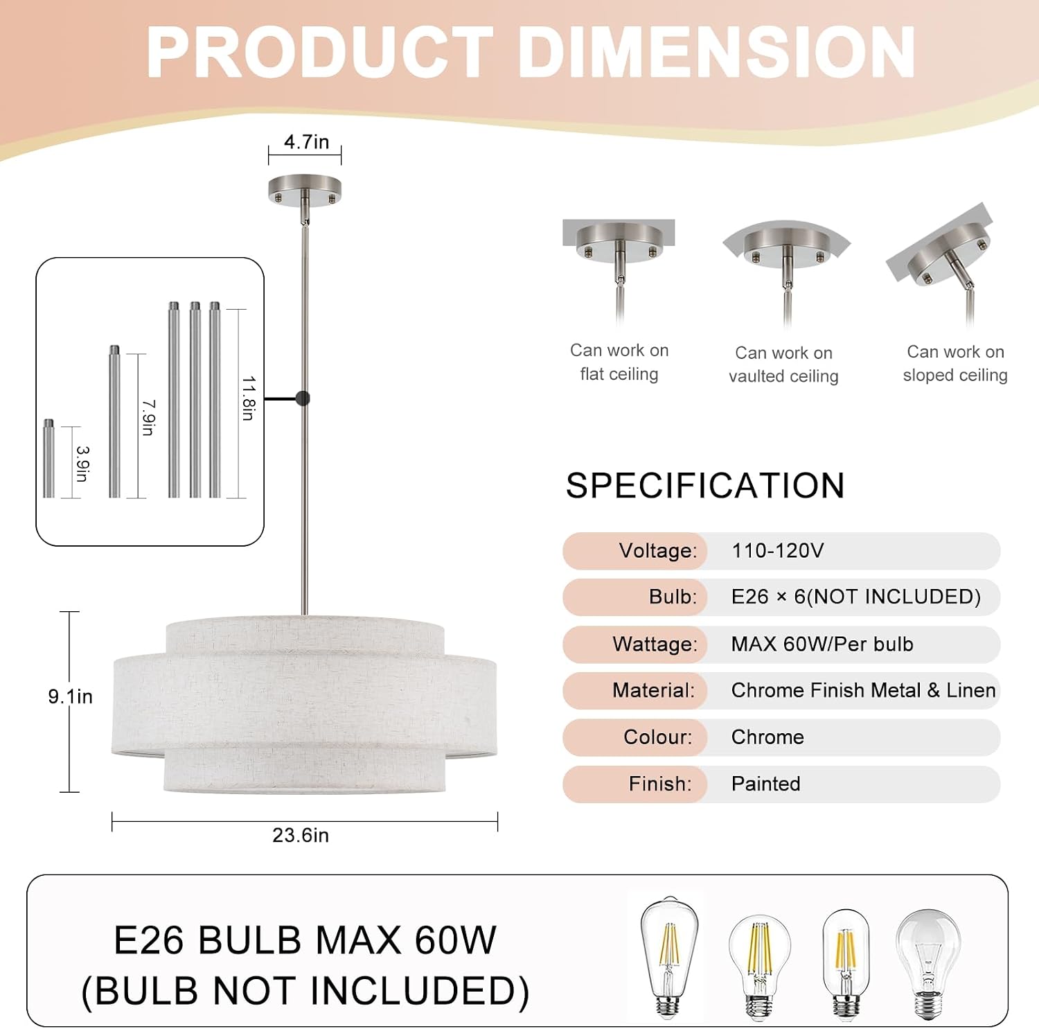 Modern Drum Chandelier Vintage Modern Chandelier Light Fixture with Linen Shade Farmhouse Chrome Drum Chandeliers for Dining Room, Kitchen Island, Living Room, Bedroom