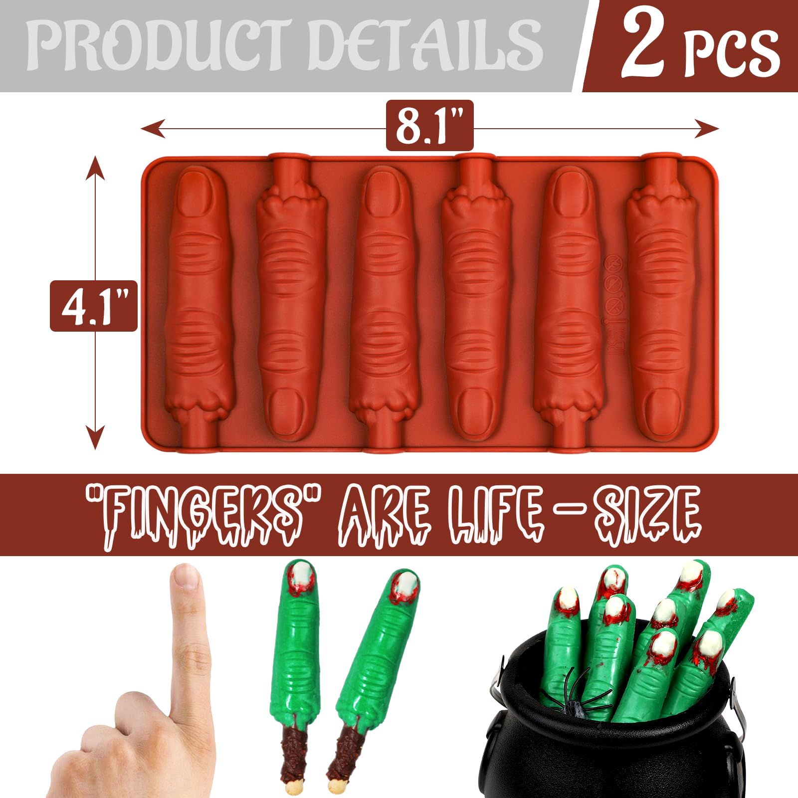 Webake Halloween Witch Finger Chocolate Mold, 6-Cavity Finger Pretzel Rod Molds for Chocolate, Pretzel, Cookie, Pack of 2 - Image 3