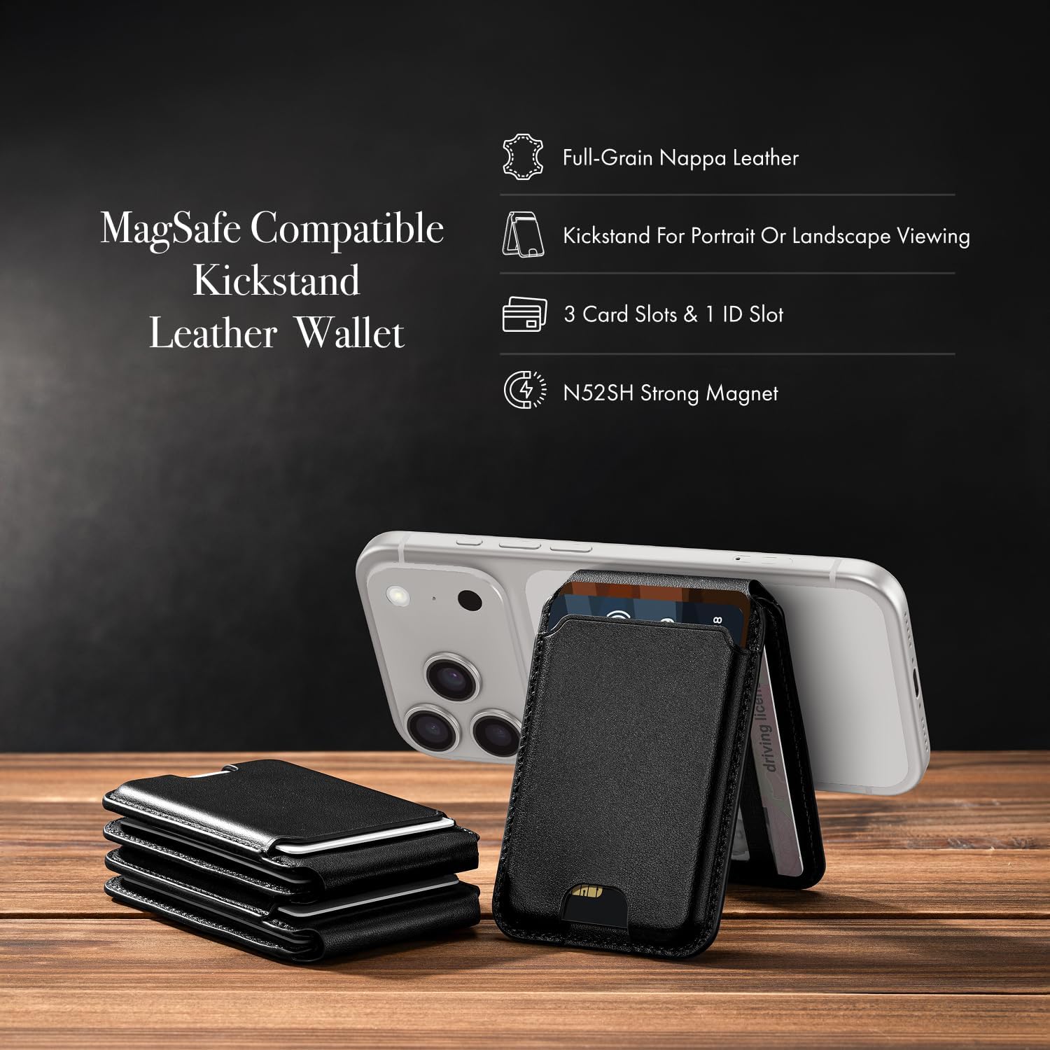 for MagSafe Wallet with Adjustable Kickstand - Full Grain Nappa Leather Magnetic Card Holder, Holds 6 Cards, Phone Stand for iPhone 17//16/15/14/13/12 Series