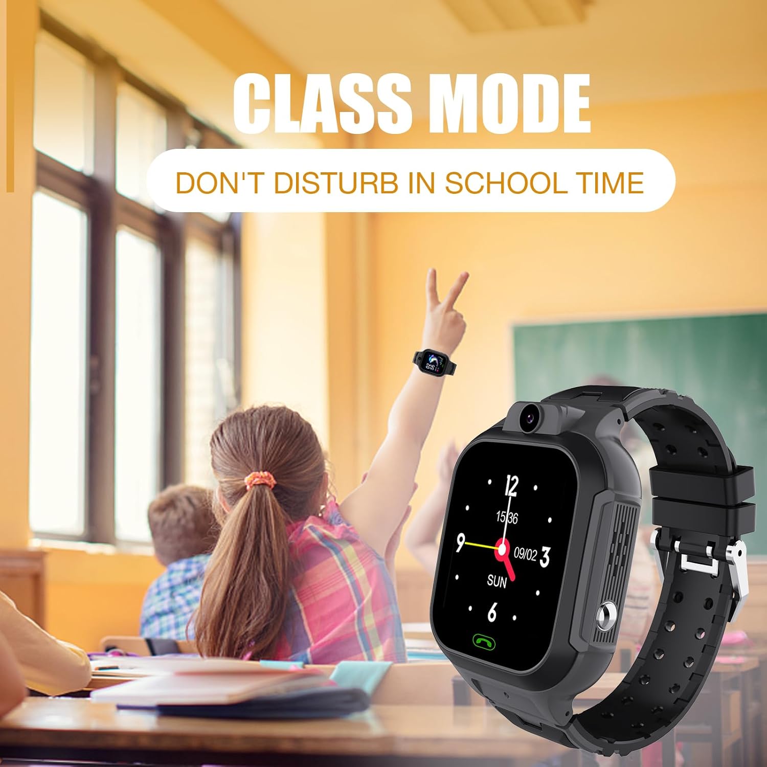 Image showing a child in a classroom setting with the smartwatch, indicating 'Class Mode: Don't Disturb in School Time'.