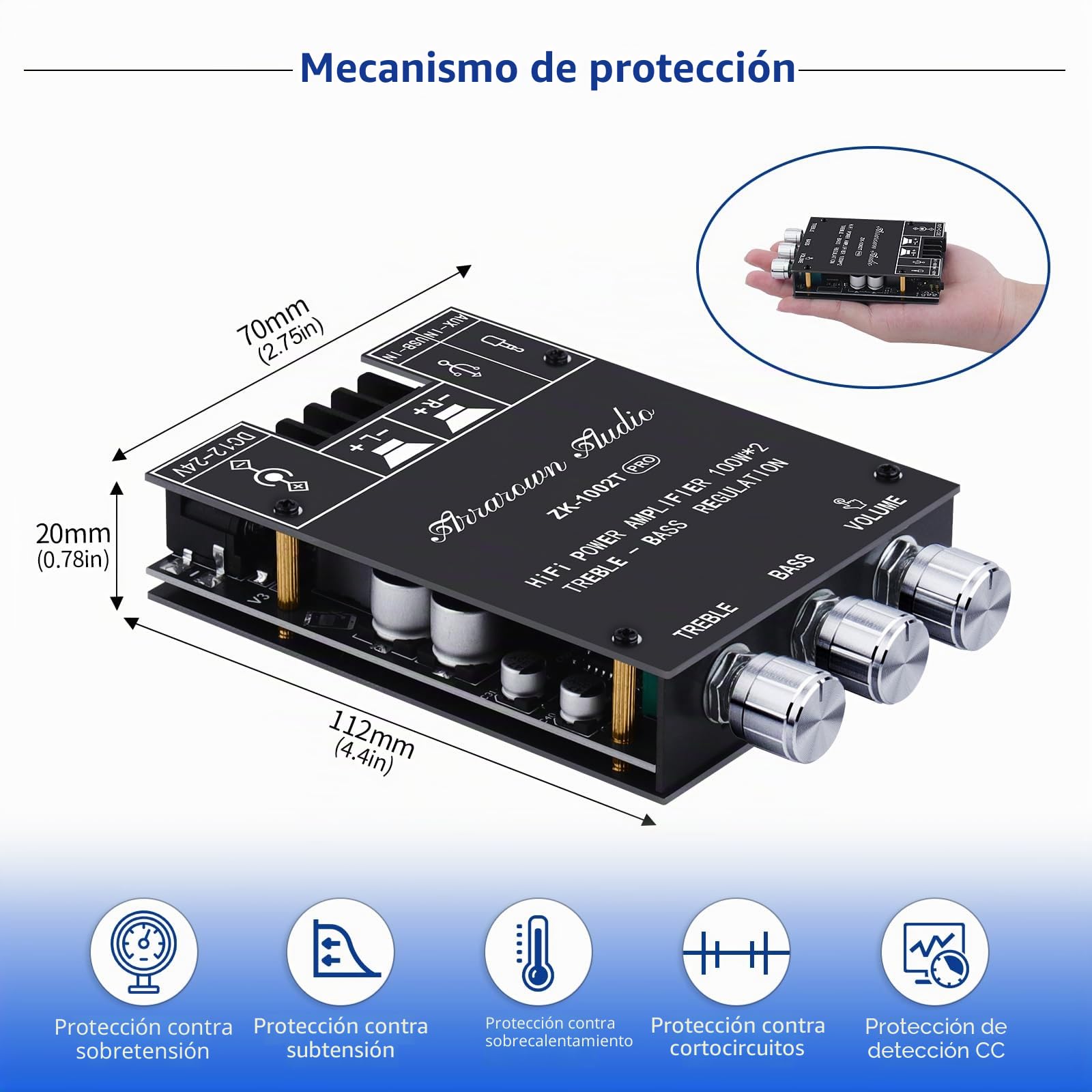 ZK-1002T - Tarjeta de amplificador Bluetooth 5.0 2.0 200W HiFi subwoofer con control de agudos y graves entradas BT y AUX, DC 9-24V 2.0 Channel Stereo AMP Module para altavoces DIY,