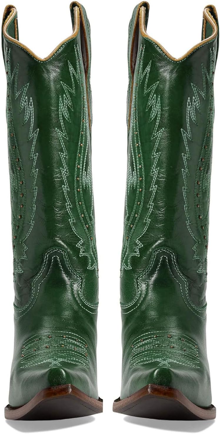 Women's Vintage Embroidered Rivet Snip Toe Cowgirl Block Heel Mid Calf Western Boots Fashion Studded Square Toe Pull On Chunky Heel Cowboy Calf High Boots for Women