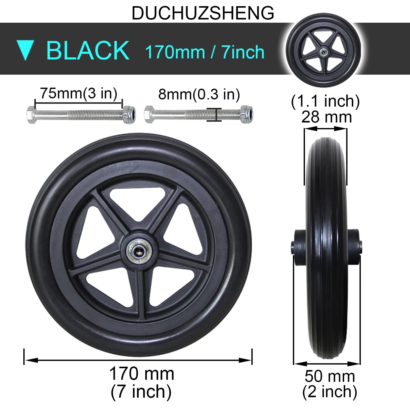 Solid TyreWheelchair Koło przednie zamienne - Koło gumowe antypoślizgowe z łożyskiem i śrubą montażową do wózków inwalidzkich, balkoników, chodzików - zawiera kółka zamienne