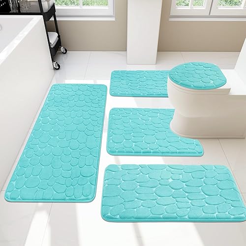 YIHOUSE Bathroom Rugs Sets 5 Piece, Cobblestone Memory Foam Bathroom Mats Set Extra Thick, Non Slip Bath Mats for Bathroom, Water Absorbent, Washable Teal Bath Rugs for Tub, Toilet and Floor