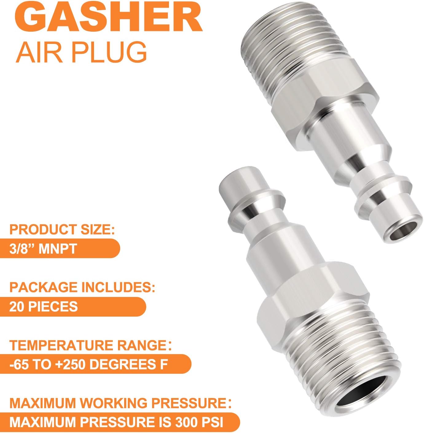 GASHER 3/8-Inch NPT Male Industrial Air Plug,1/4-Inch High Flow Pneumatic Plugs 300PSI (20-Pack)