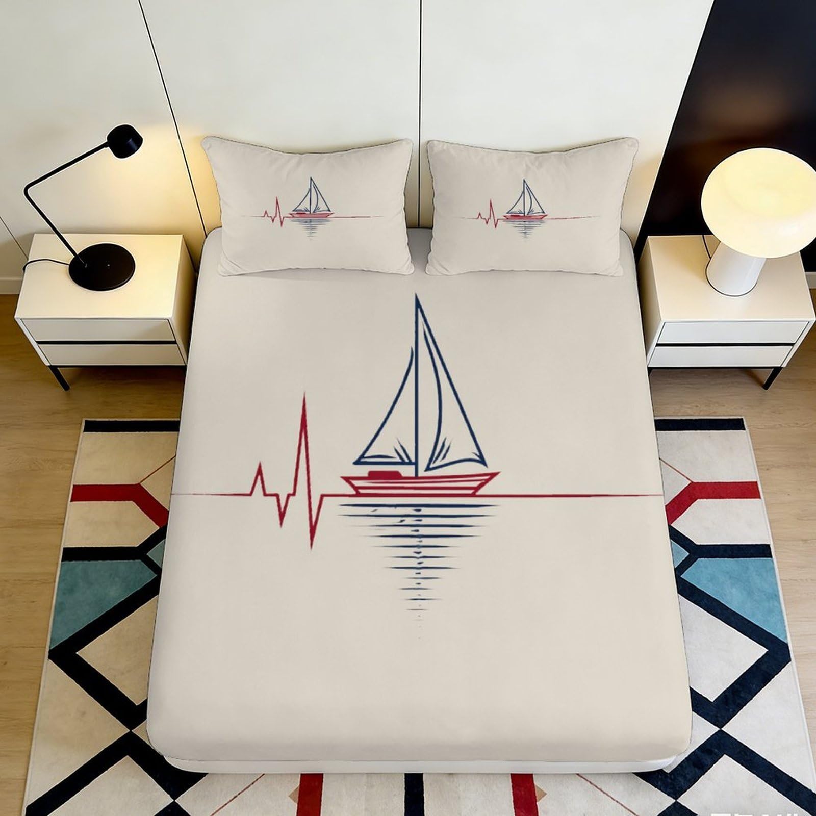 3D Printed Sailboat Heartbeat Fitted Sheet Microfiber Elastic Hem Bedroom Bedding Sailboat Mattress Fitted Cover Deep Pocket Non-Slip 90x200x25cm
