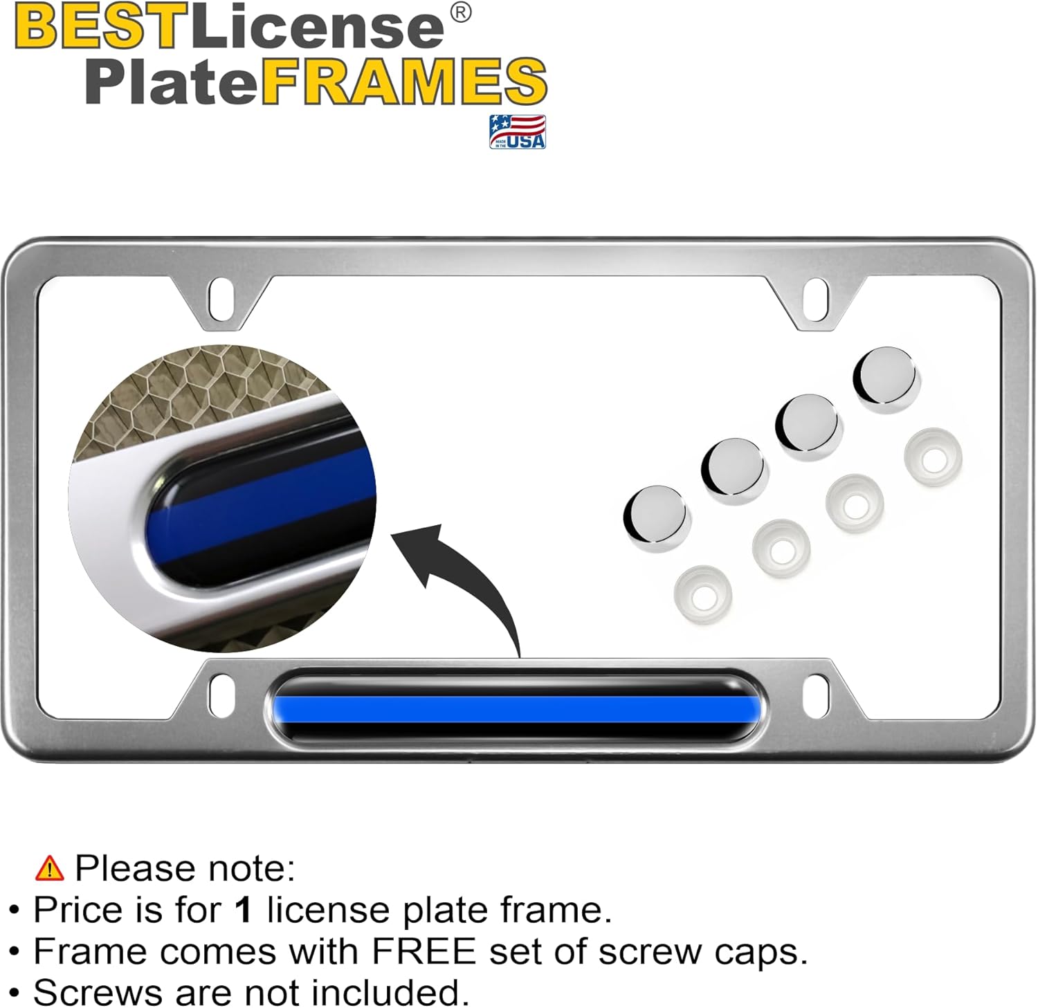 USA Patriotic Anodized Aluminum Thin Top | Narrow Top Car License Plate Frame with Thin Blue Line (Stripe) Insert with Free caps - Silver