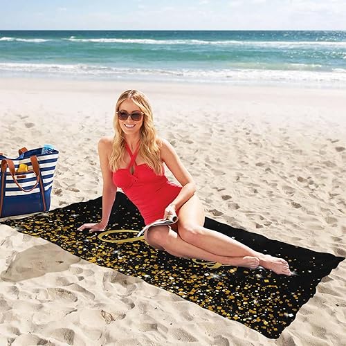 Miniatura 3 de Toalla de playa personalizada con texto dorado brillante, color negro, piscina, natación, viajes, grande, suave, ligera, texto personalizado,