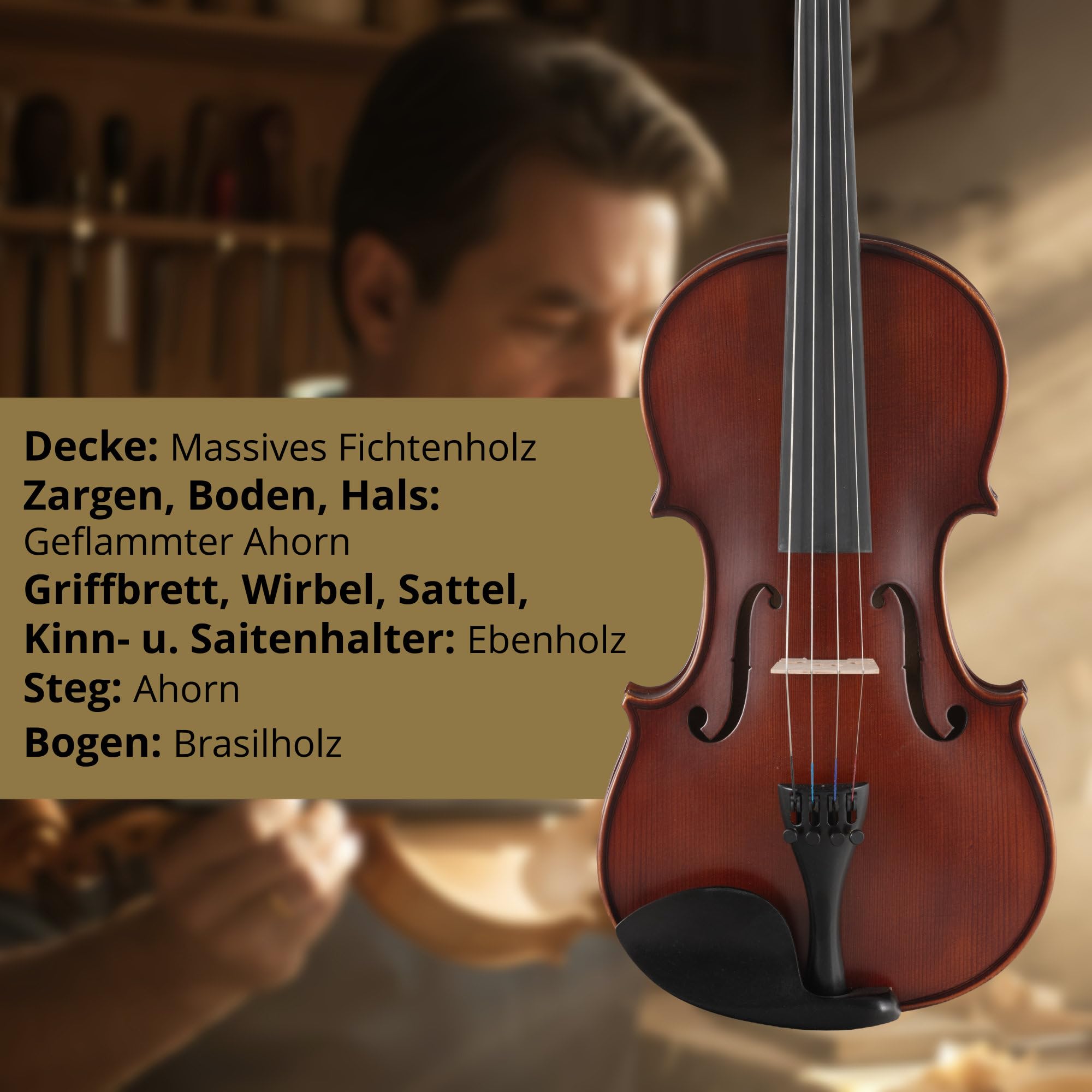 Classic Cantabile Brioso Violine 4/4 Set (4/4 Violine, Decke aus massivem Fichtenholz, Boden & Zargen aus geflammtem Ahorn, inkl. Leichtkoffer, Bogen und Schulterstütze)