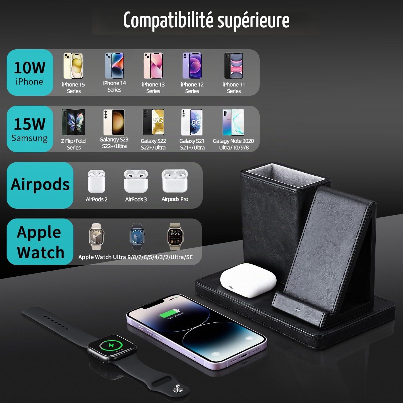 KINGFOM 3 en 1 Station de Charge inductive, Chargeur sans Fil avec Adaptateur 30 W, Station de Charge sans Fil Compatible avec iPhone 15/14/13/12/11, iWatch 9/8/7/6/5/4/SE, AirPods Pro/2/3