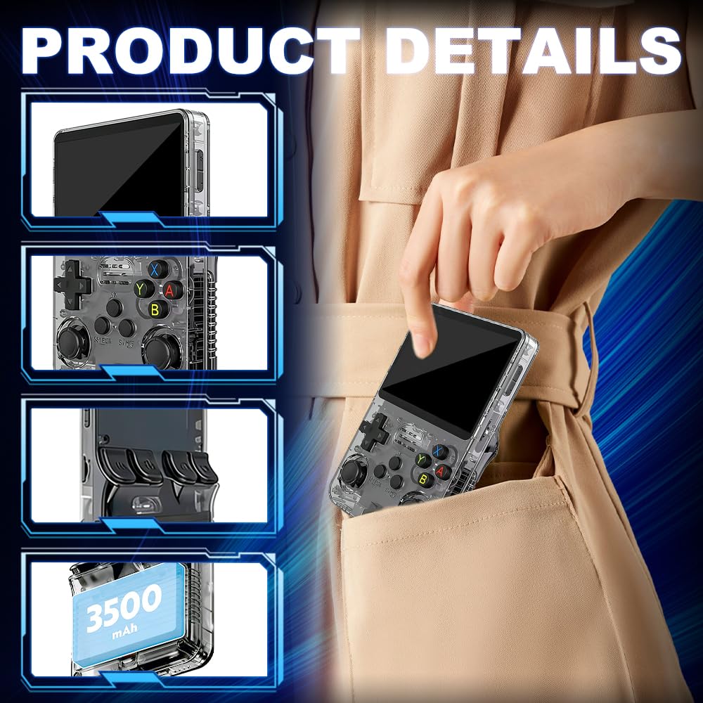 R36s Handheld Spielkonsole, Retro Handheld Spielkonsole mit 3,5 Zoll Display, 64 GB TF Karte und 15,000+ Klassischen Spielen, Tragbare R36s Handheld Spielekonsole (Schwarz)