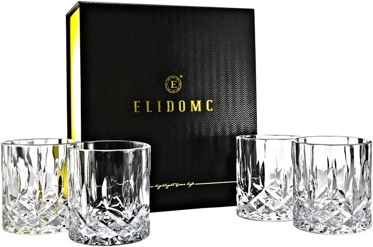 ELIDOMC 11Oz Old Fashioned Glasses With Luxury Giftbox, Unique Lead Free Cocktail Glass, Crystal Clear Whiskey Glasses for Men (Set of 4)