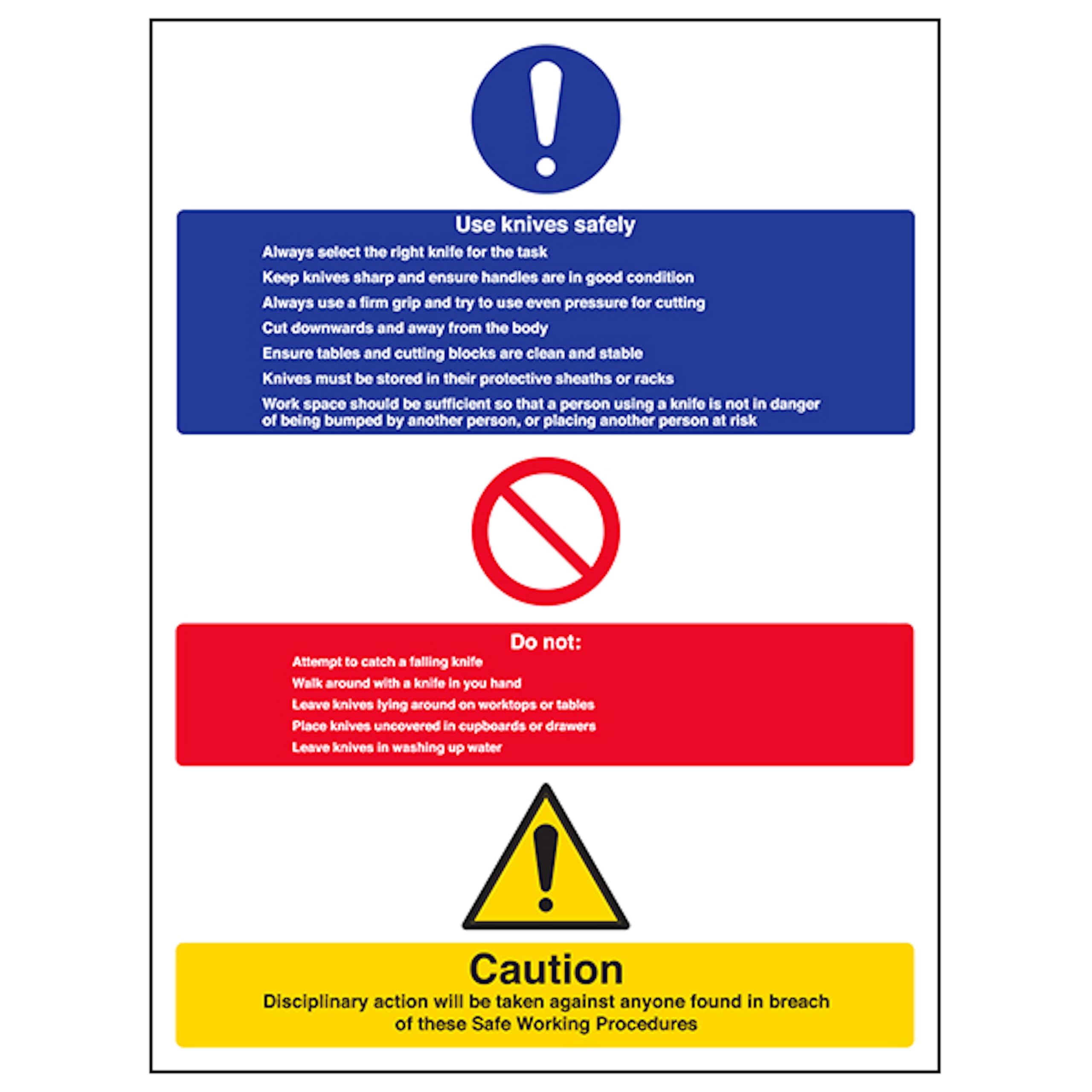 V Safety Use Knives Safely - Portrait 300 x 400mm - 2mm Rigid Plastic Safety Sign