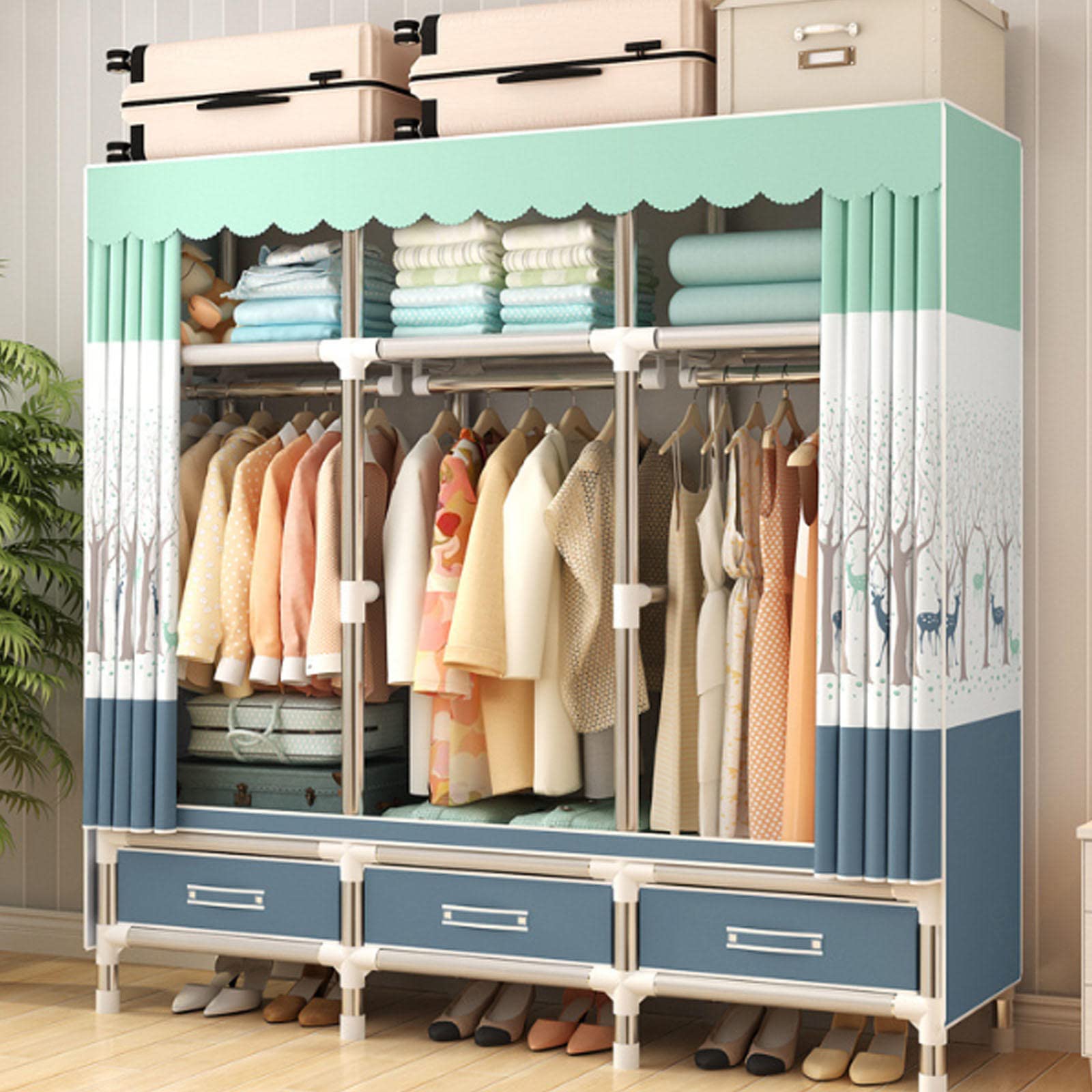 Armario de lona – Armario de ropa portátil con riel para colgar, 3 cajones, cubierta de tela, organizador de almacenamiento de dormitorio plegable para una fácil instalación y ahorro de espacio