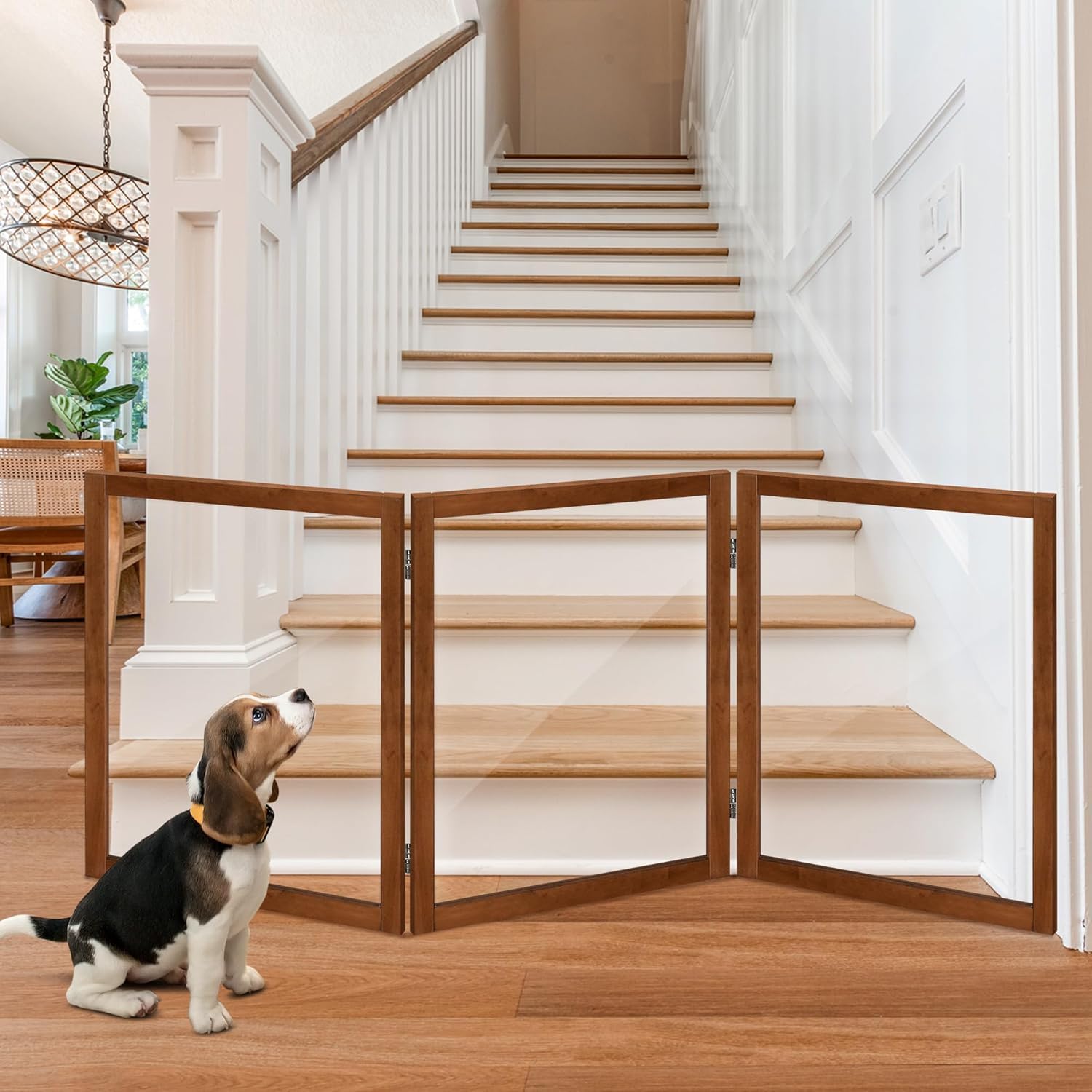 LZRS Clear Dog Gate for Indoor Use - Transparent Pet Fence with Solid Hardwood and Plastic Board, Stylish & Durable freestanding Pet Gate for Doorways, Stairs and Hallways-3 Panel Cherry 24"Height-3 Panel Cherry
