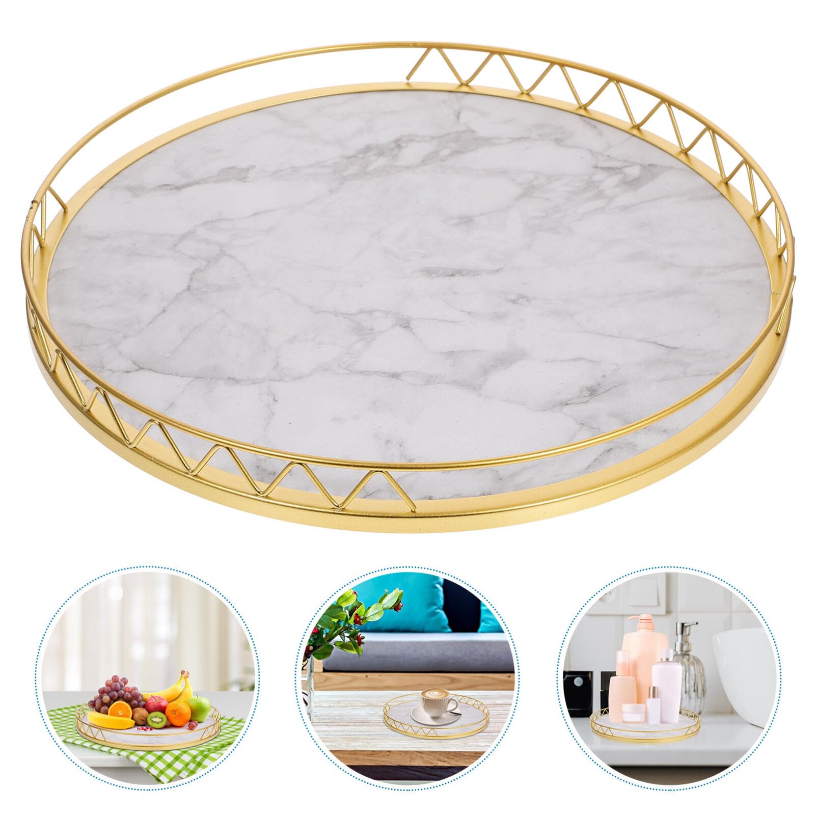 Vassoio Decorativo Rotondo in Legno e Metallo Marmorizzato | Frutta e Piante, Finitura Oro, Design Moderno Elegante per Decorazioni Domestiche