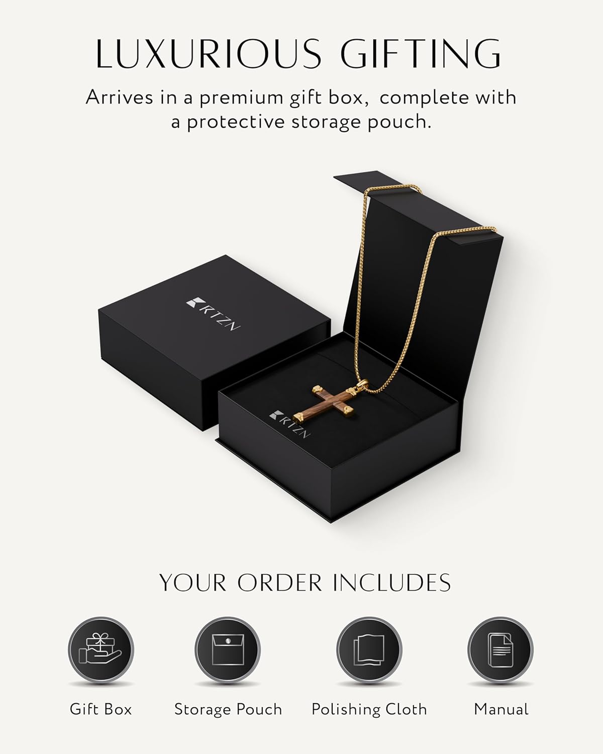 RTZN® Wooden Cross Necklace for Men – Premium Handcrafted Natural Ebony/Bubinga Mens Wood Cross Necklace Pendant with 3mm Stainless Steel Box Chain 22" + 2" Inch