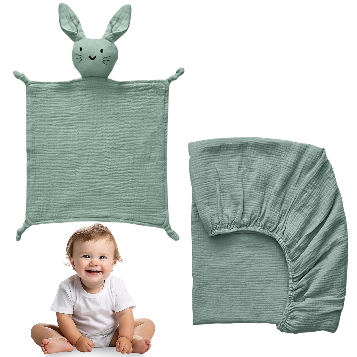 100% Cotton Muslin Crib Bedding Set - Green Fitted Crib Sheet & Security Baby Blanket | Newborn Essentials, Baby Bed, Baby Boy/Baby Girl Toys, Toddler Essentials, Baby Registry