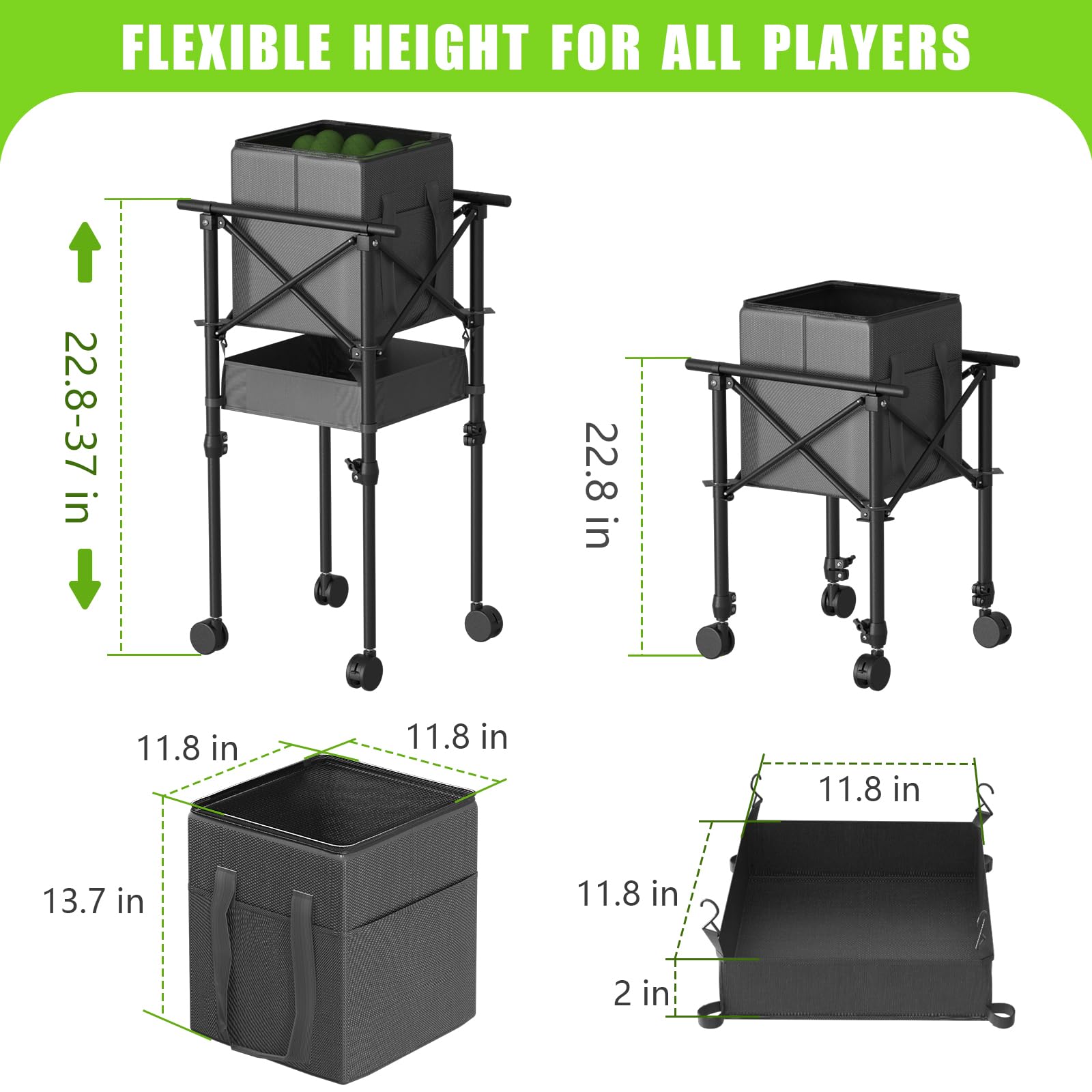 Moricher Canasta de pelotas de tenis con ruedas – Cesta de pelotas de tenis plegable de altura ajustable con bolsa de almacenamiento, 150 pelotas de pickleball y capacidad para pelotas de tenis