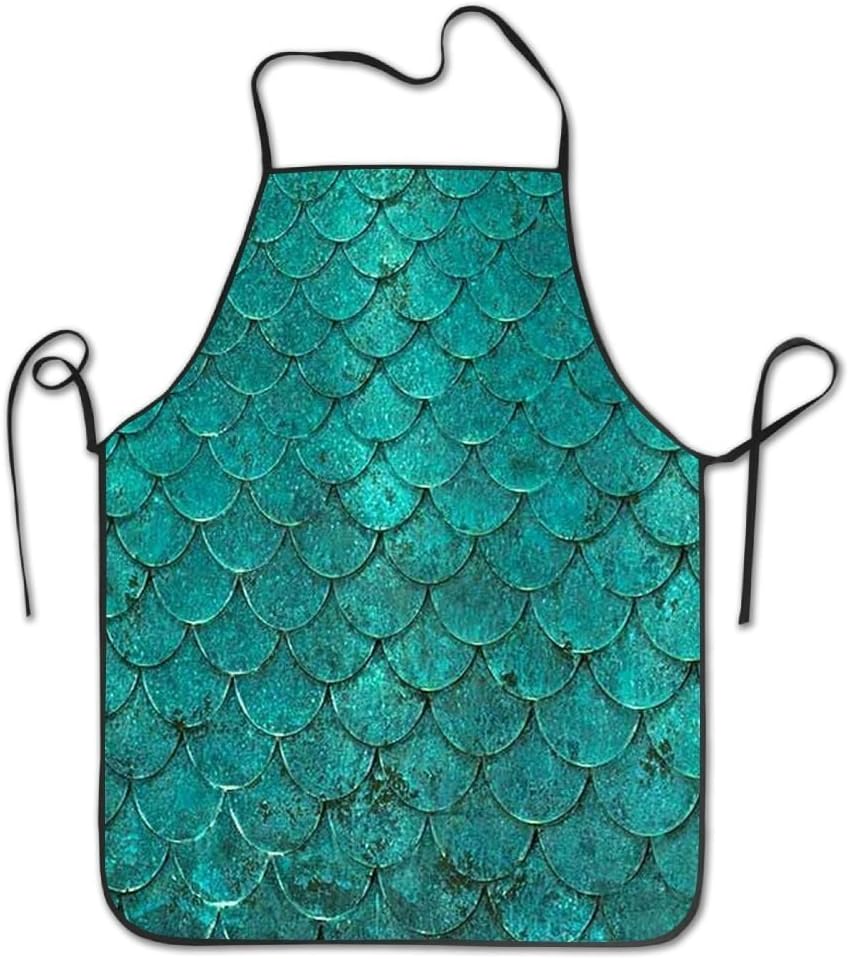 Mermaid Green Fish Scale Cooking Apron Kitchen Apron, Lock Edge Waterproof Durable String Adjustable Easy Care Aprons For Women Men Chef