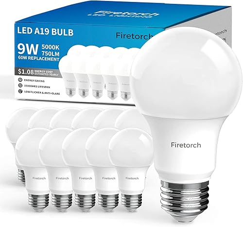 Firetorch Bombilla LED A19 equivalente a 9 W 60 W bombillas LED E26 de repuesto estándar de 750 lúmenes no regulable certificación UL 5000 K paquete