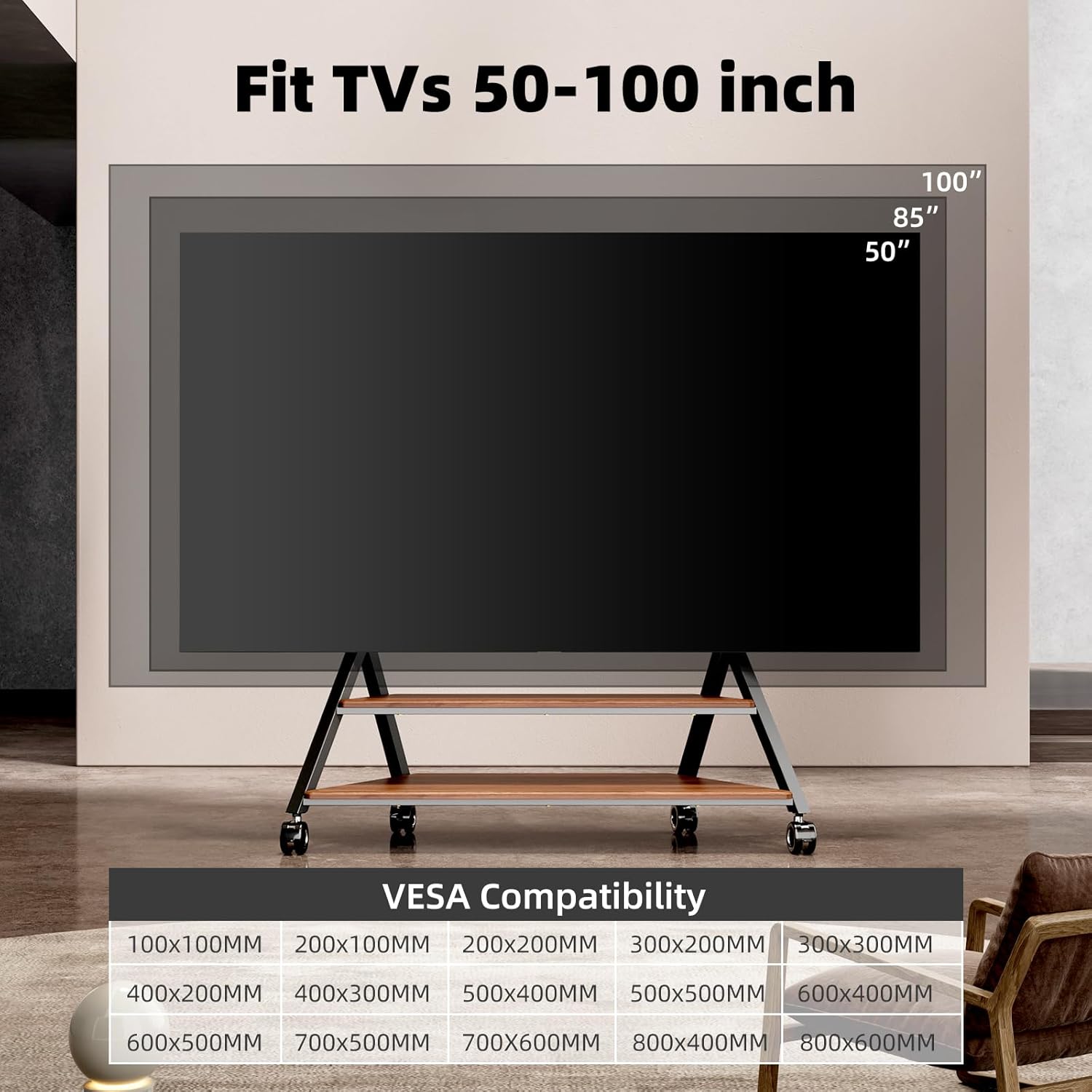 Image showing VESA compatibility and TV size range for the BEISHI TV stand.