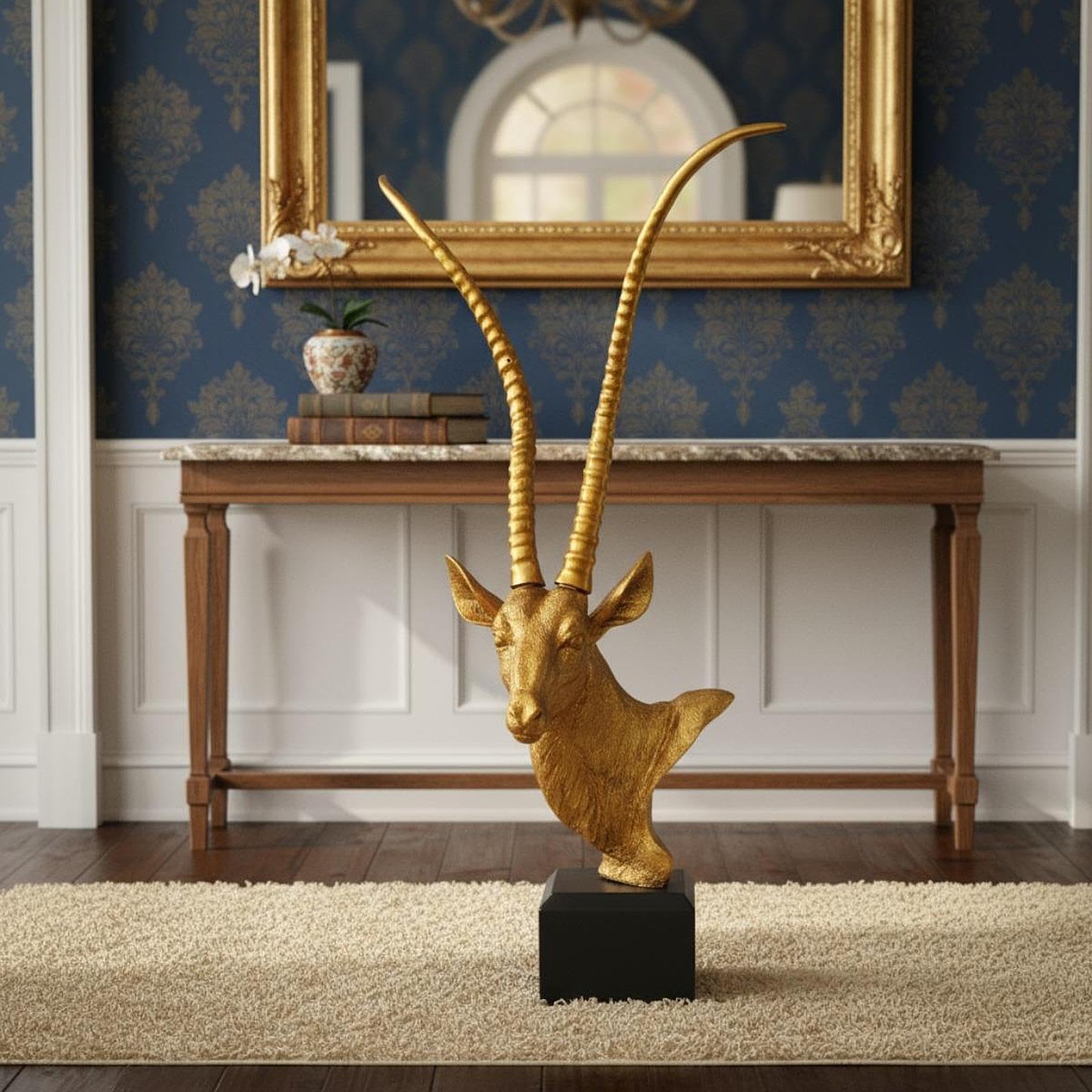 Qianly Scultura di Testa di Antilope, Oggetto da Collezione, Realistica, Decorativa, Statua di Animale da Scrivania per Libreria, Caminetto, Soggiorno, Mobil, Oro