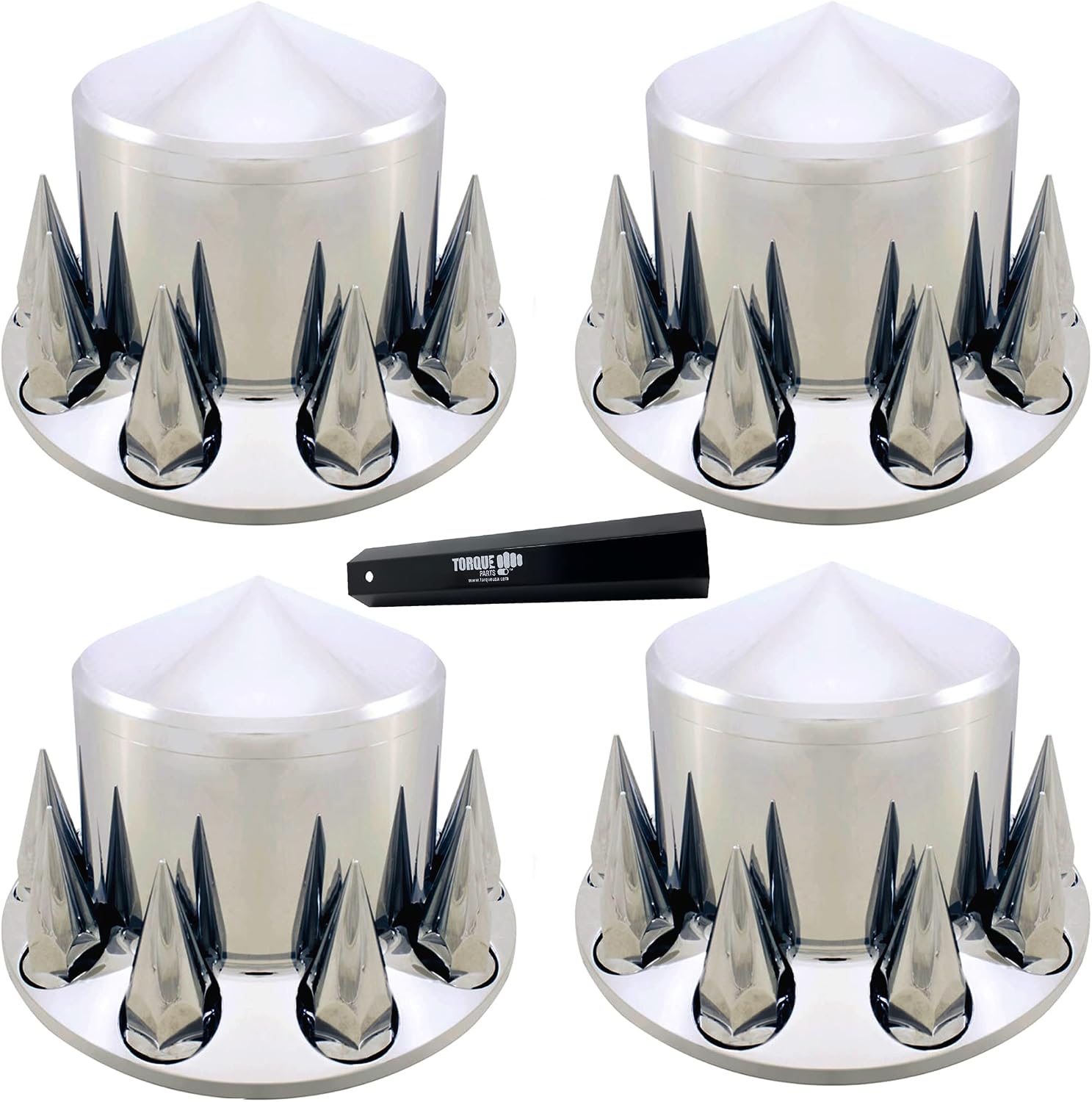 TORQUE Hubcap Wheel Cover Kit 4 Pack Rear Spiked 33mm Screw-on ABS Chrome Plastic for Semi Truck with Remover Tool (Universal Fit) (TR586-TWC)