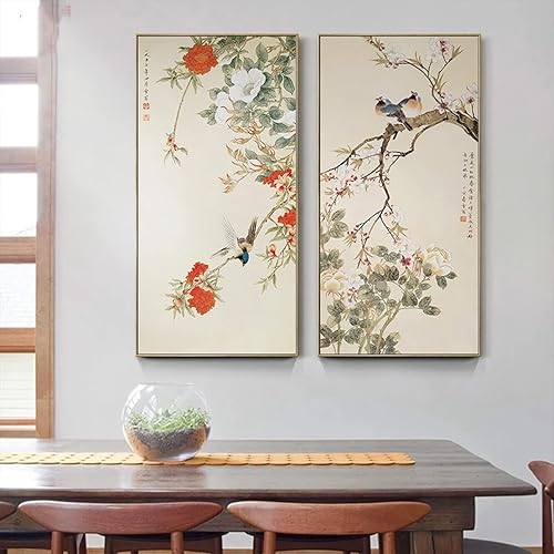 Impresión en lienzo cartel de pájaro de flor china, arte de pared de sala de estar lienzo decoración imágenes 30x60cmx2 sin marco