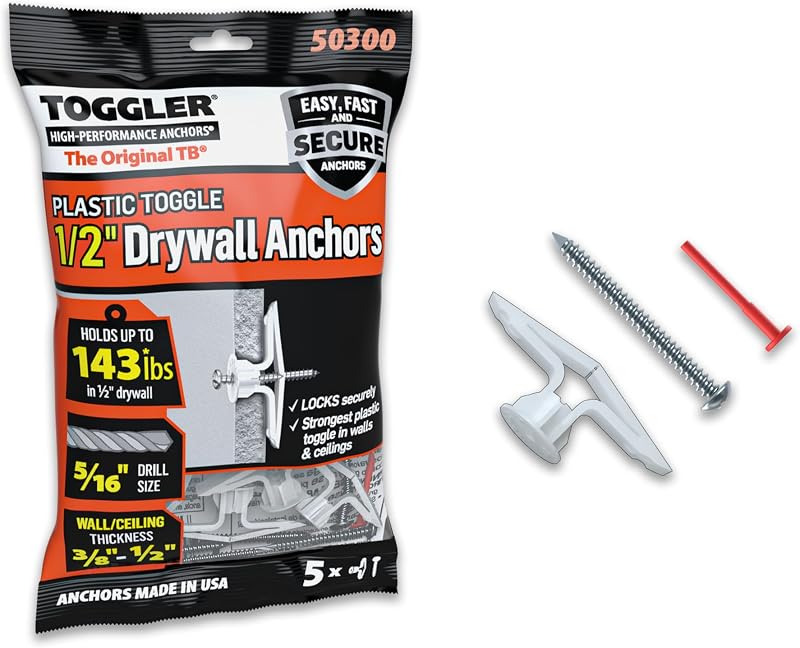 TOGGLER Toggle TB Anclaje para paneles de yeso con tornillos, paquete de 5, 3/8" a 1/2" | Anclajes de polipropileno para paneles de yeso con tornillos para sujetadores #6 a #14