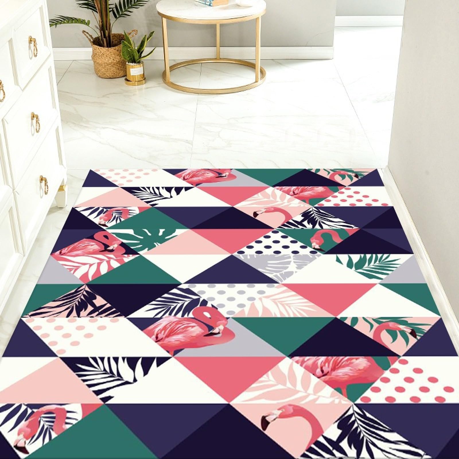 Tapis d'entrée flamingo feuille verte antidérapant en polyester 120x160cm
