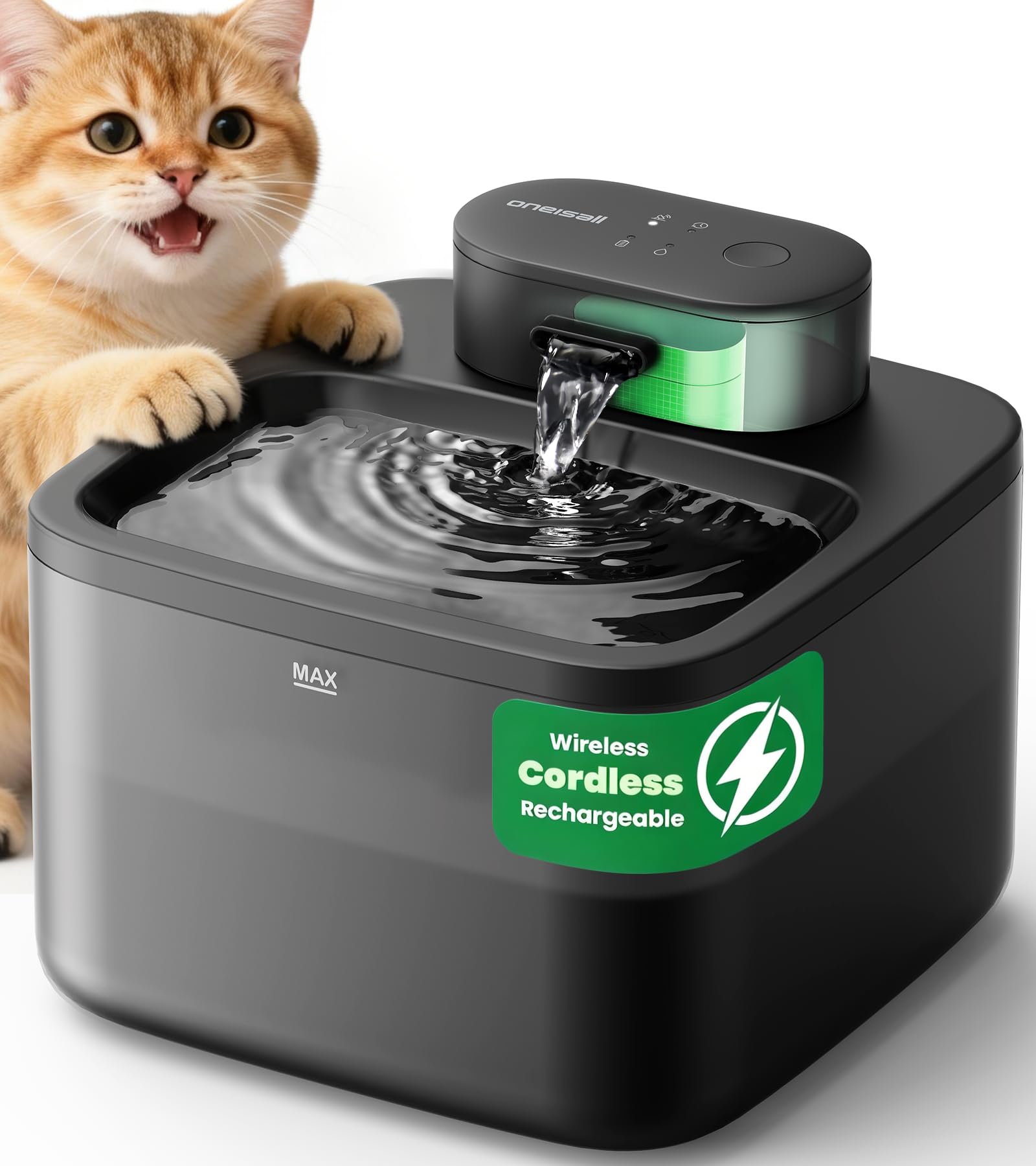 Photo 1 of oneisall Wireless Cat Water Fountain: 74oz/2.2L Cordless Pet Water Fountains, 4000mAh Battery Operated Ultra-Quiet Integrated SilentFlow™ Pump for Cats Indoor, Automatic Cat Water Dispenser, BPA-Free