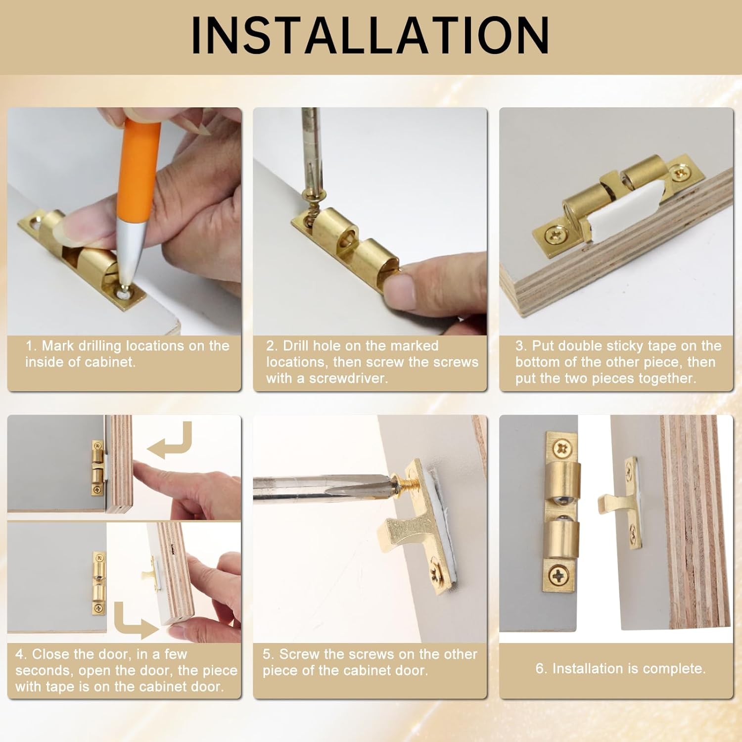 12Pcs Double Ball Tension Roller Catch Latch for Cabinet,60 mm Solid Brass Closet Door Catch Hardware with Gold Screws and Tape for Kitchen Cabinet Closet Furniture Doors (Gold, 60mm)